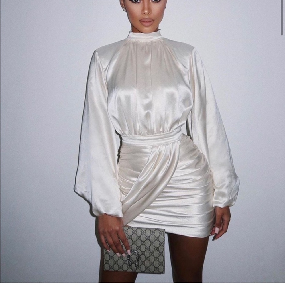 House of cb Khristen ivory satin blouson dress